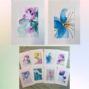 Hand Painted Frameable Watercolor Semi Abstract Floral Blank Greeting Cards Set